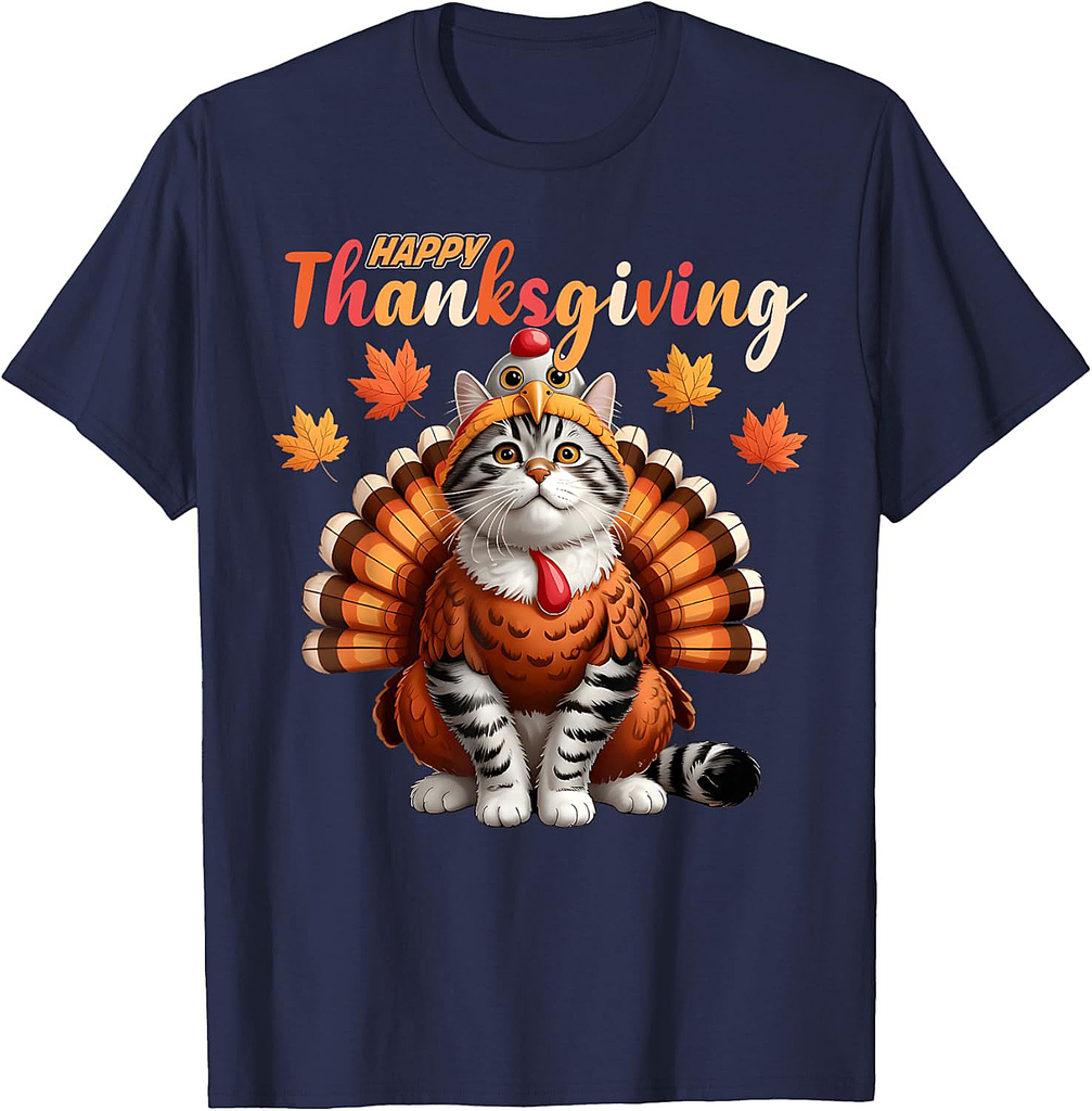 Happy Thanksgiving Cat Turkey Day Fall Women Girls  Men T-Shirt