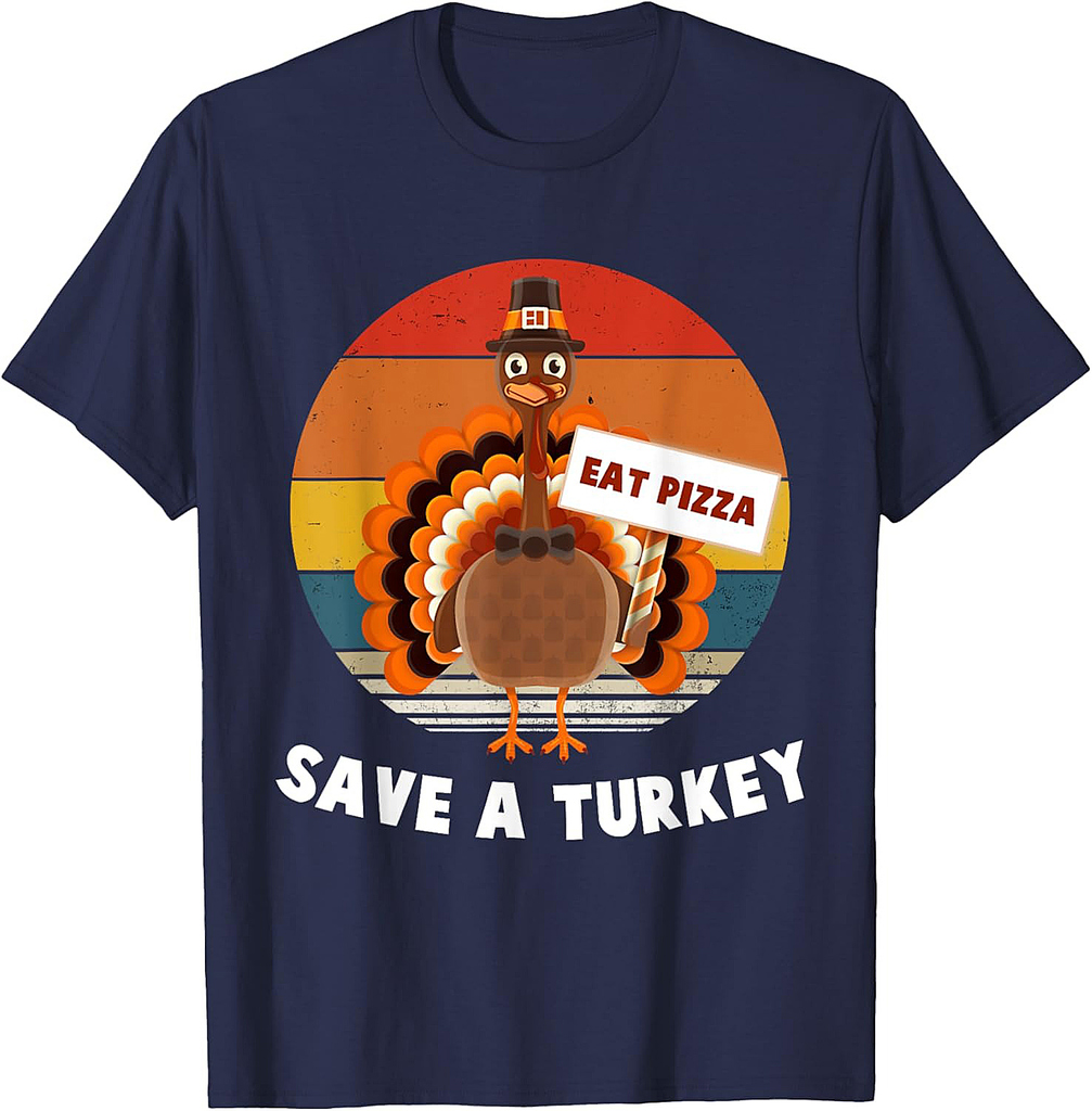Save A Turkey Eat Pizza Vintage Thanksgiving Retro Style T-Shirt