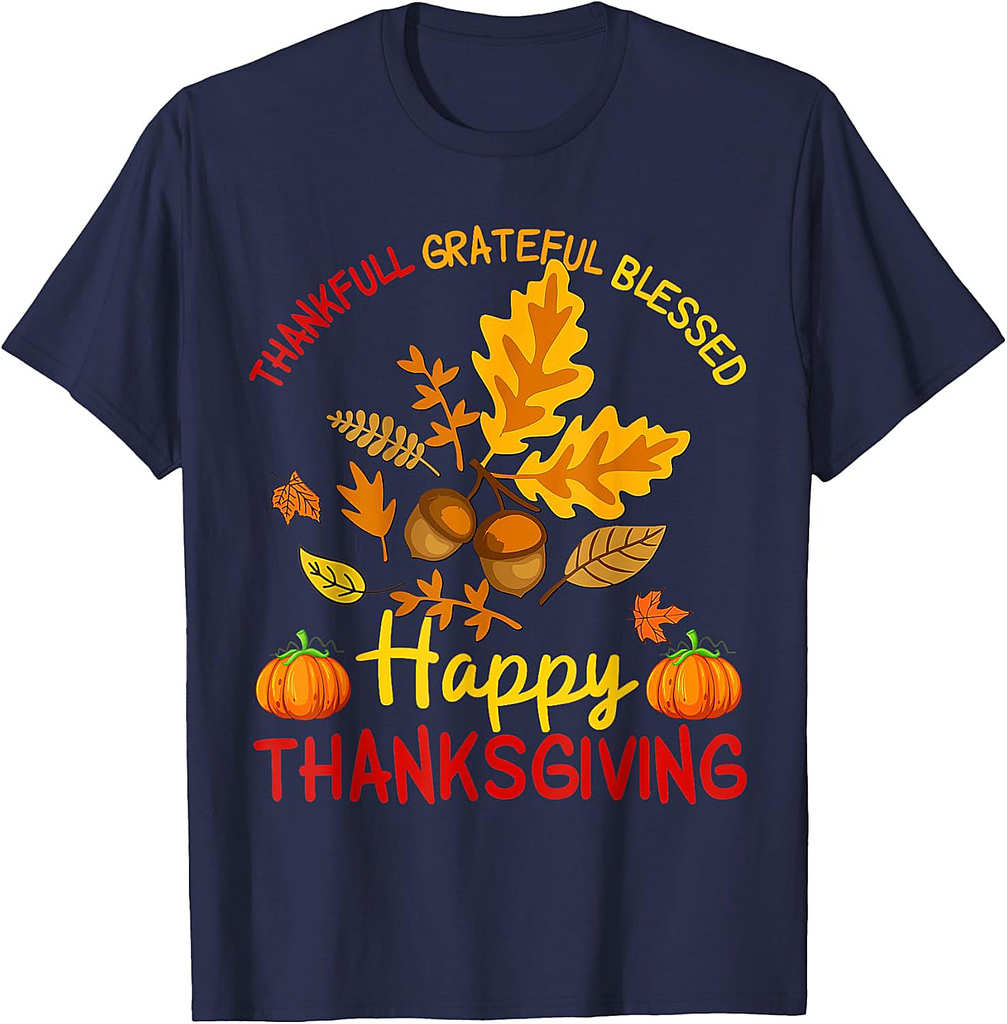 Thankful Grateful Blessed Thanksgiving Autumn Leaves Acorns T-Shirt