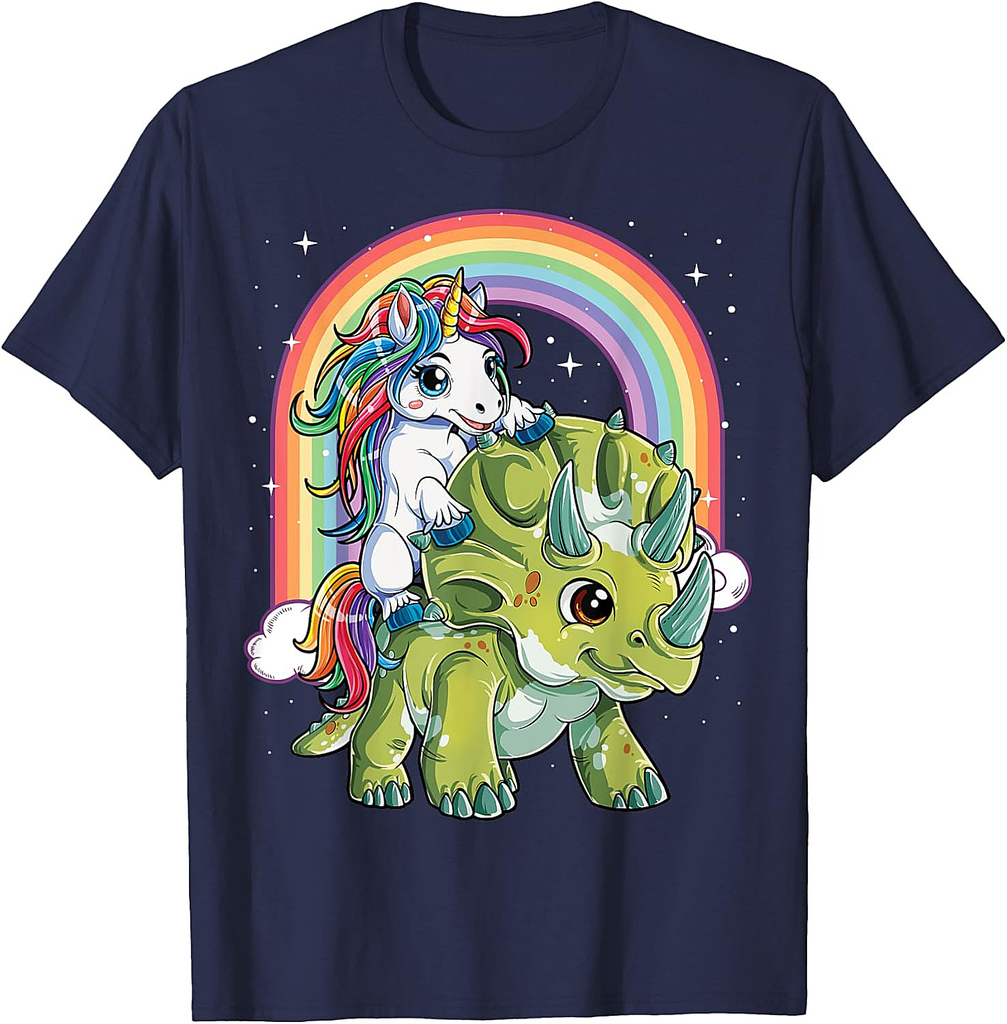 Unicorn Riding Dinosaur Triceratops Funny Boys Girls Rainbow Thanksgiving T-Shirt