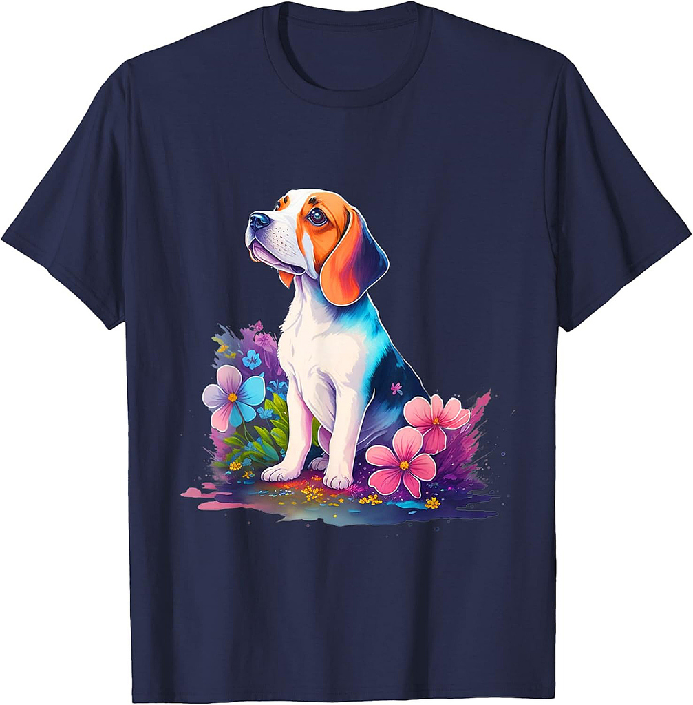 Beagle Dog by Flowers Vintage Style Graphic T-Shirt