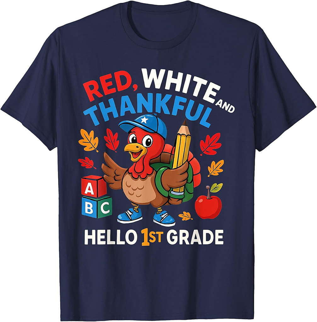 Red White Thankful Hello 1st Grade Fall Turkey School T-Shirt