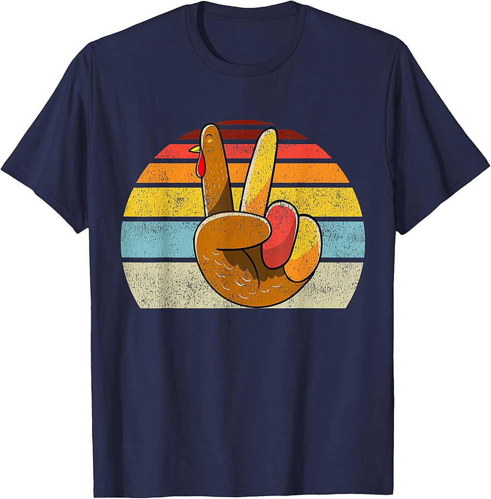 Peace Sign Turkey Hand Thanksgiving Retro Style Women Girls T-Shirt