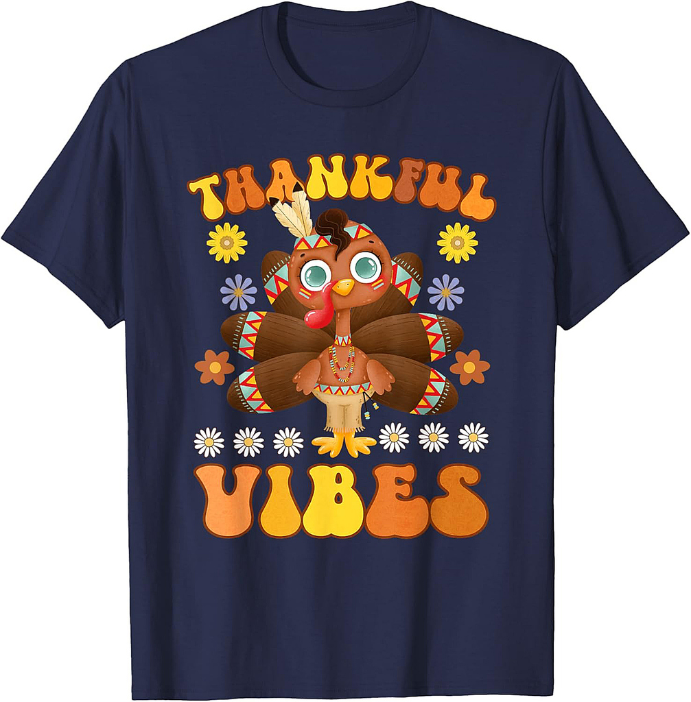 Retro Thankful Vibes Autumn Groovy Thanksgiving Turkey T-Shirt
