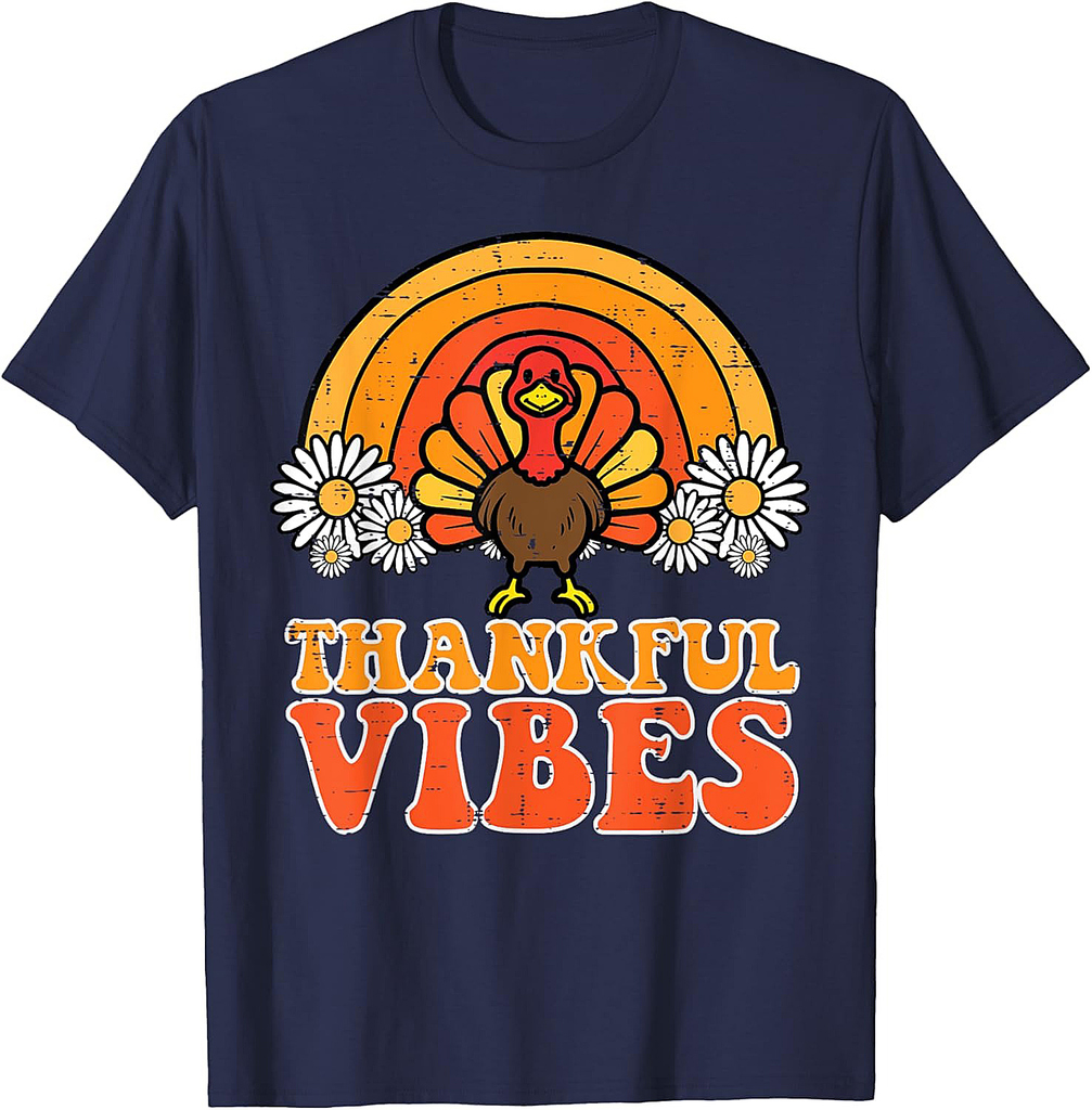 Thankful Vibes Turkey Rainbow Funny Retro Thanksgiving Women 001 T-Shirt