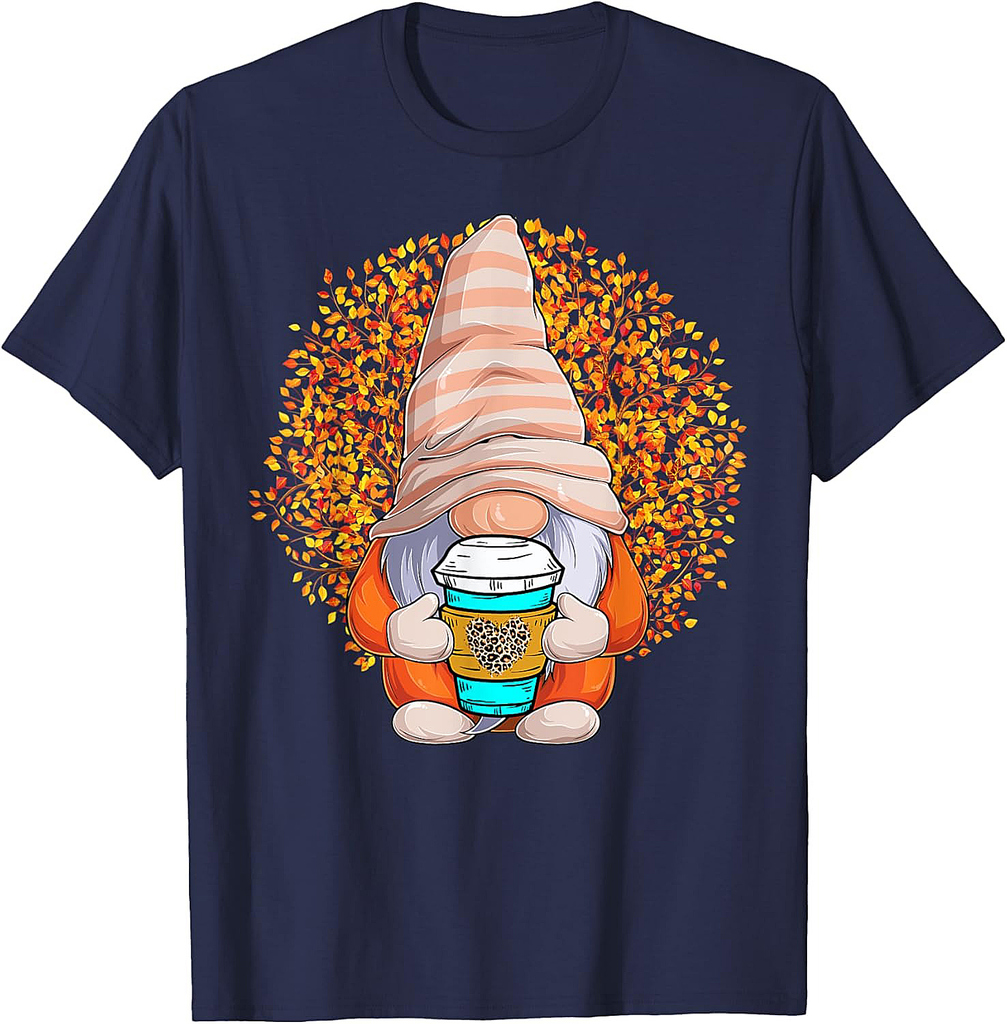 Gnome Leopard Fall Leaf Autumn Coffee Nurse Thanksgiving T-Shirt