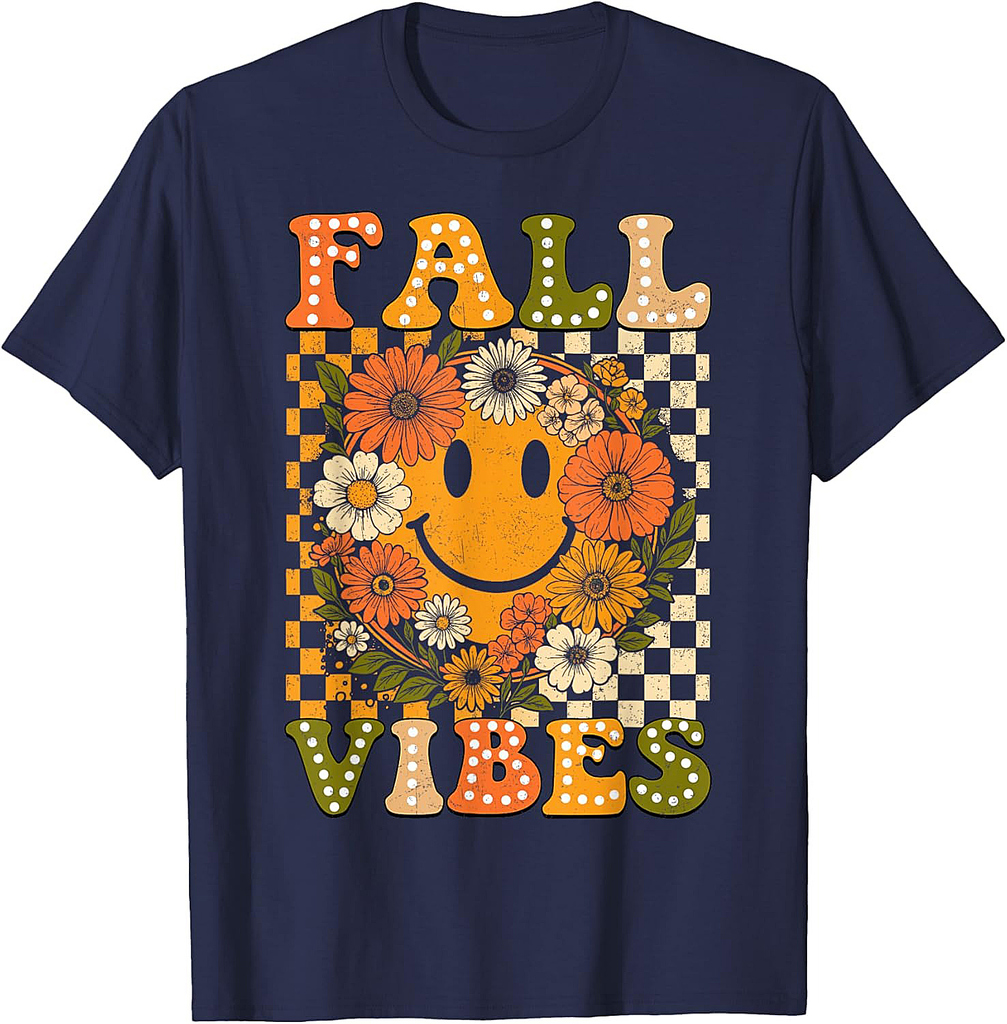 Floral Fall Checkered Smile Face Halloween Thanksgiving 2025 T-Shirt