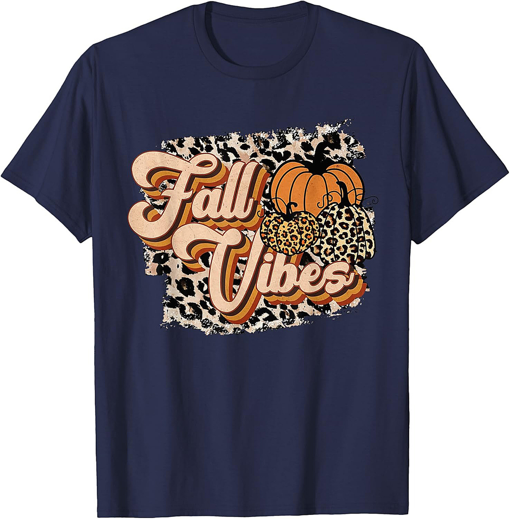 Fall Vibes Leopard Groovy Thanksgiving Autumn For Women Girl T-Shirt