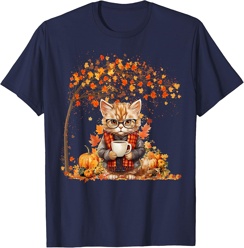 Cat Leaf Fall Hello Autumn Cat Kitten Lover Thanksgiving T-Shirt