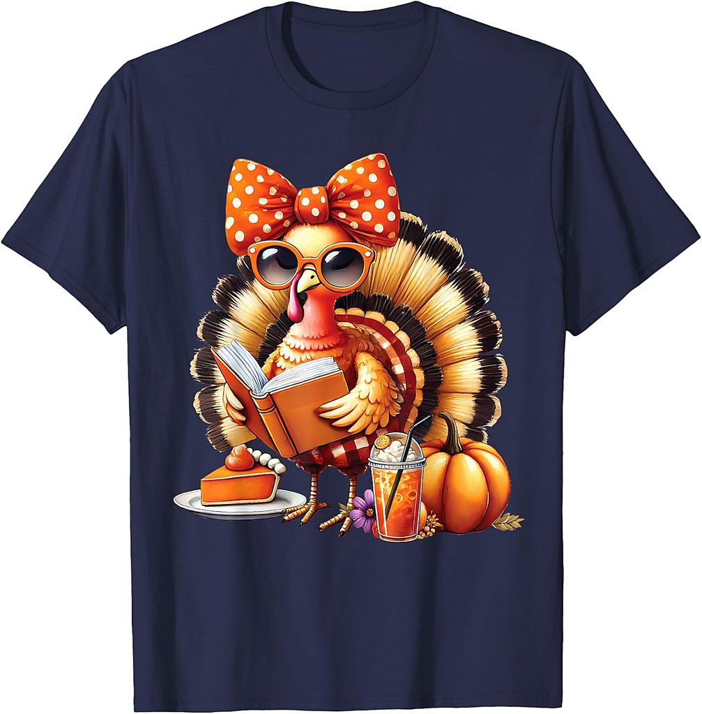 Cute Turkey Reading Book Lovers Thanksgiving Bow Womens T-Shirt