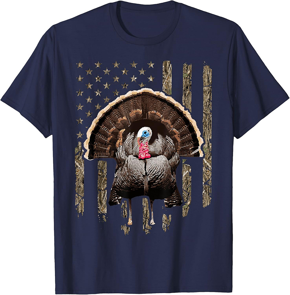 Turkey Hunting Graphic American Flag Tree Camouflage T-Shirt