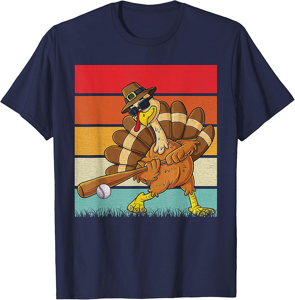 Retro Turkey & Baseball Ball Autumn Fall Vibes Thanksgiving T-Shirt