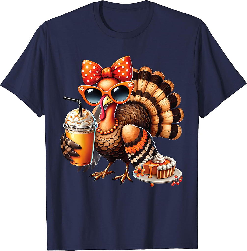 Turkey Drinking Coffee Bow Thanksgiving Womens Turkey Day T-Shirt
