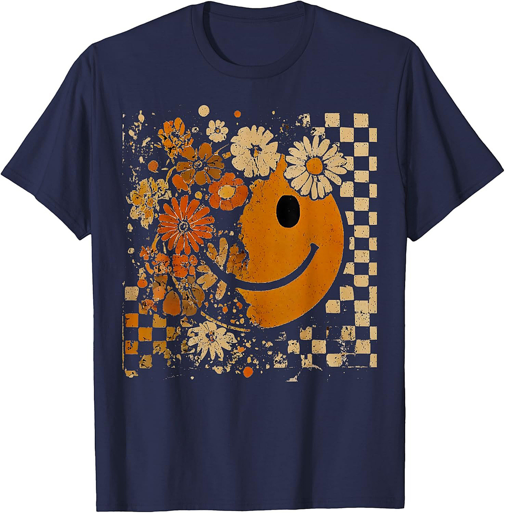 Fall Vibes Smile Face Thanksgiving Floral Checkered Women T-Shirt
