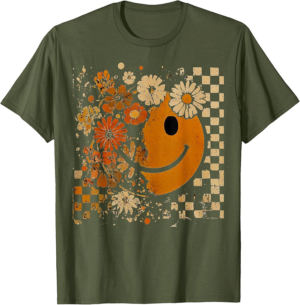 Fall Vibes Smile Face Thanksgiving Floral Checkered Women T-Shirt