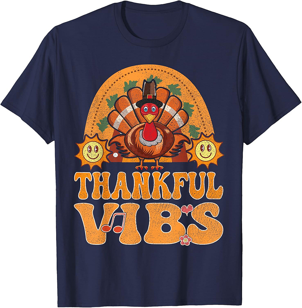 Thankful Vibes Turkey Rainbow Groovy Retro Thanksgiving T-Shirt