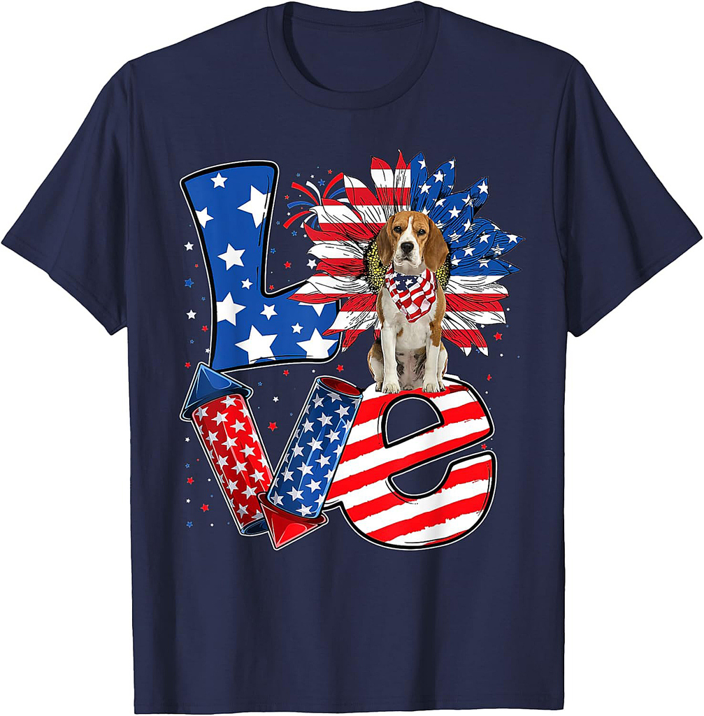 4th of July Decor Patriotic LOVE Beagle Dog USA Flag T-Shirt