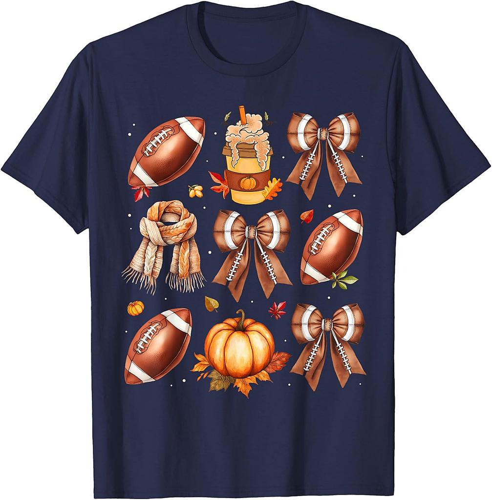Coffee Football Coquette Bow Fall Vibes Pumpkin Thanksgiving T-Shirt