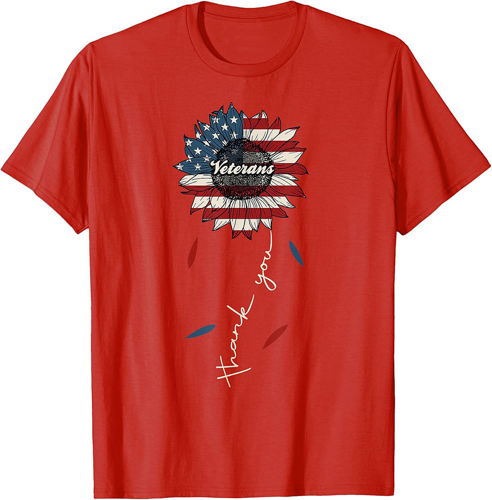 Thank You Veterans Sunflower US America Flag Patriotic Women T-Shirt