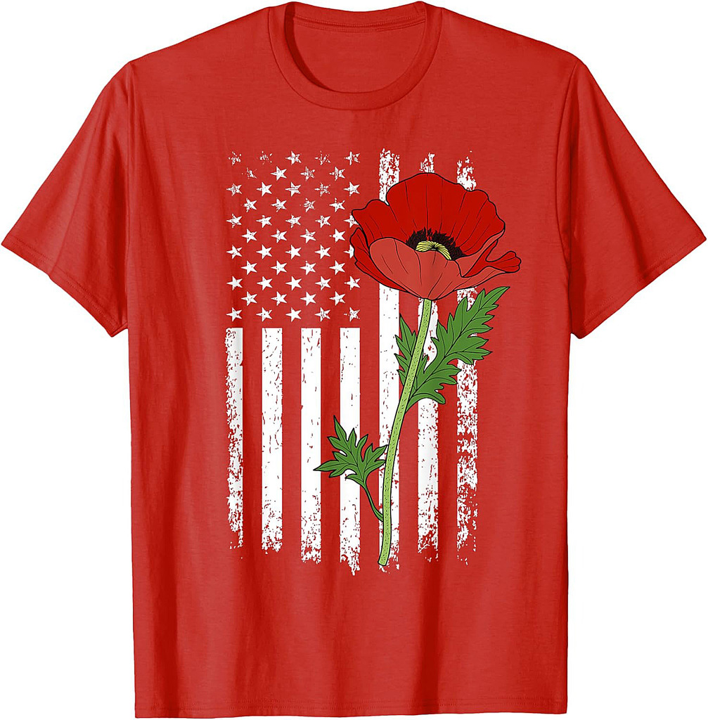 Memorial Day Red Poppy American Flag Veteran Military T-Shirt