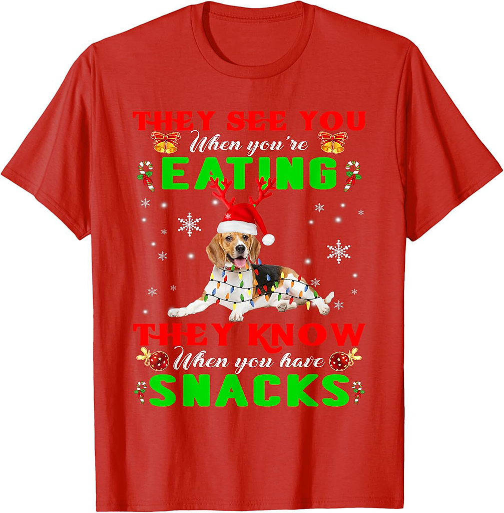 They See You Eating Christmas Reindeer Santa Beagle T-Shirt