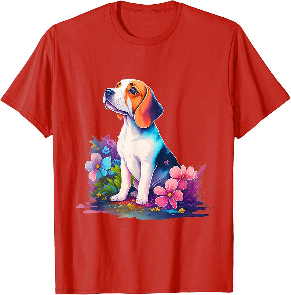 Beagle Dog by Flowers Vintage Style Graphic T-Shirt
