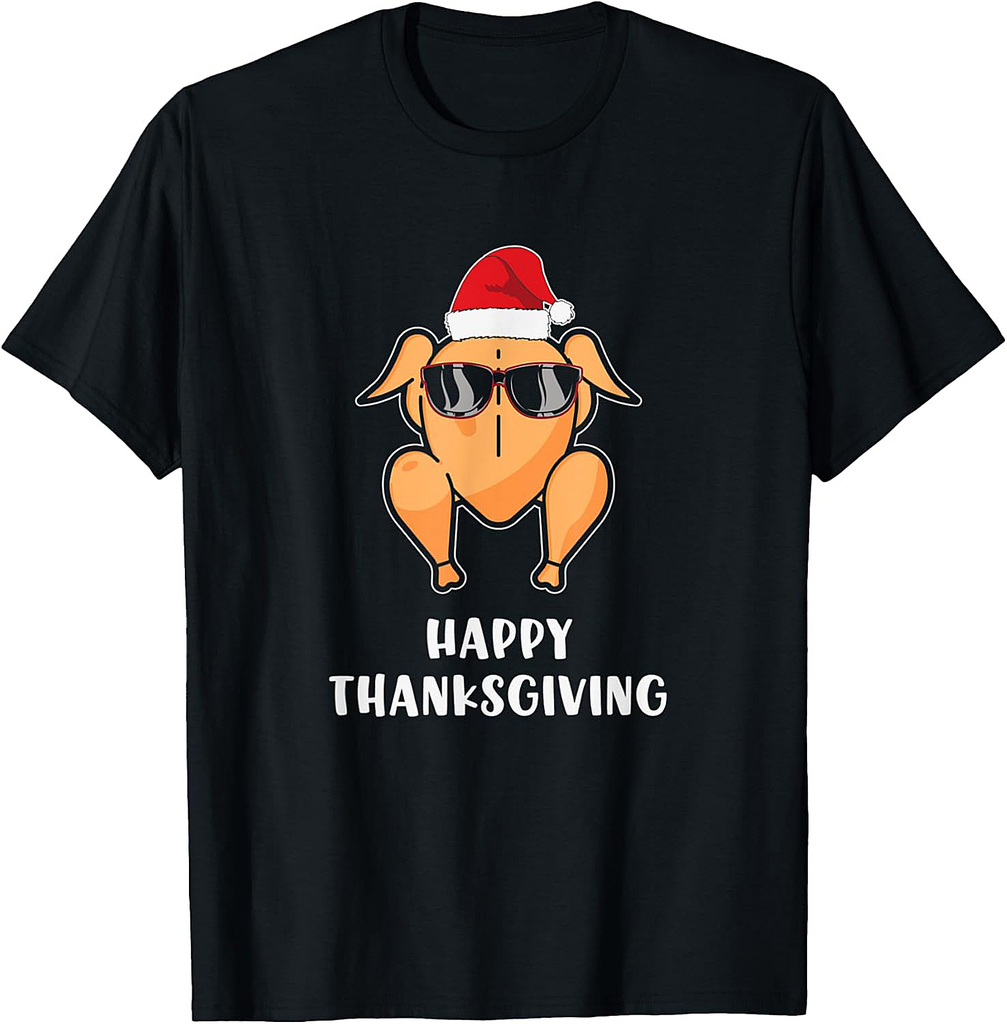 Happy Thanksgiving Sunglasses Santa Hat Turkey T-Shirt