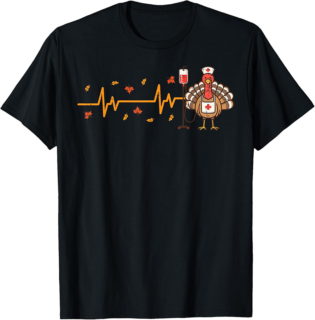 Thanksgiving Nurse Heartbeat Turkey Fall Scrub Top Women Men T-Shirt
