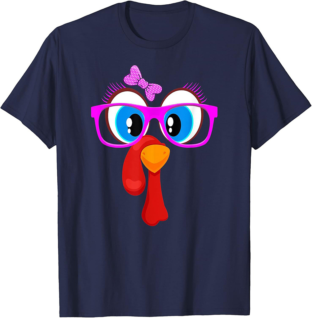 Thanksgiving Turkey Girl Face Pink Sunglasses Blue Eyes T-Shirt