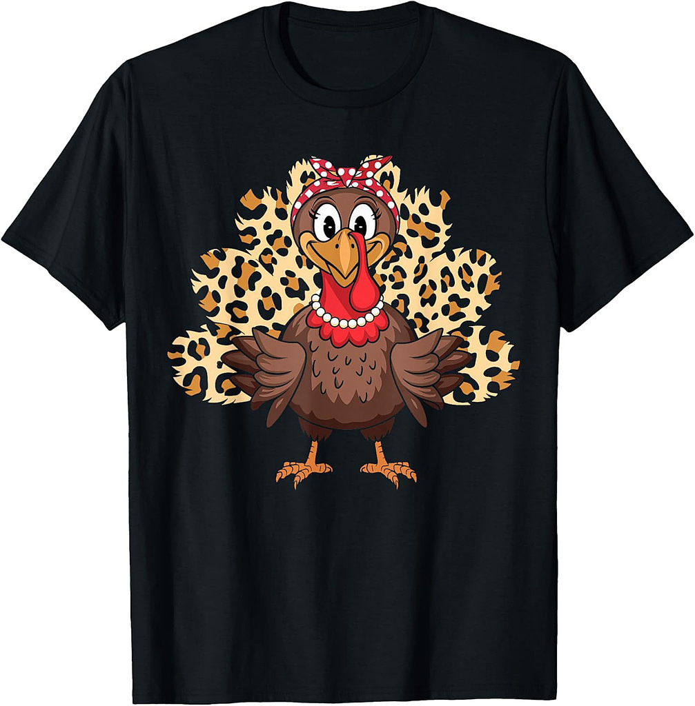 Thanksgiving Turkey Women Girl Leopard Headband Autumn T-Shirt