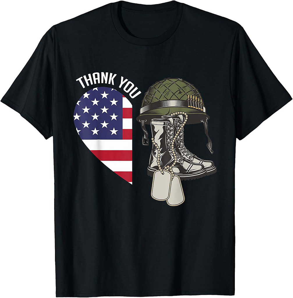 Thank You! Heart Flag Veterans Memorial Partiotic Military T-Shirt