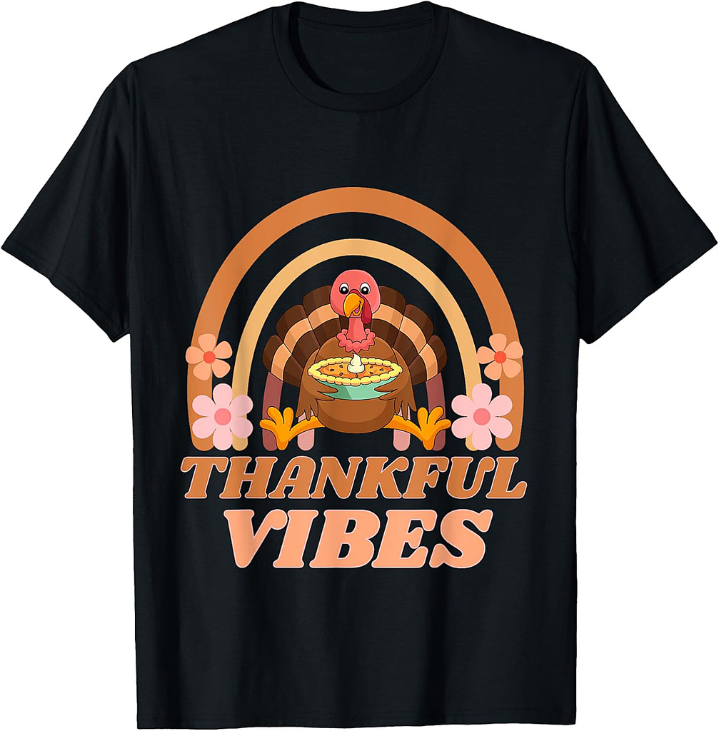 Thankful Vibes Turkey Rainbow Funny Retro Thanksgiving Women 002 T-Shirt
