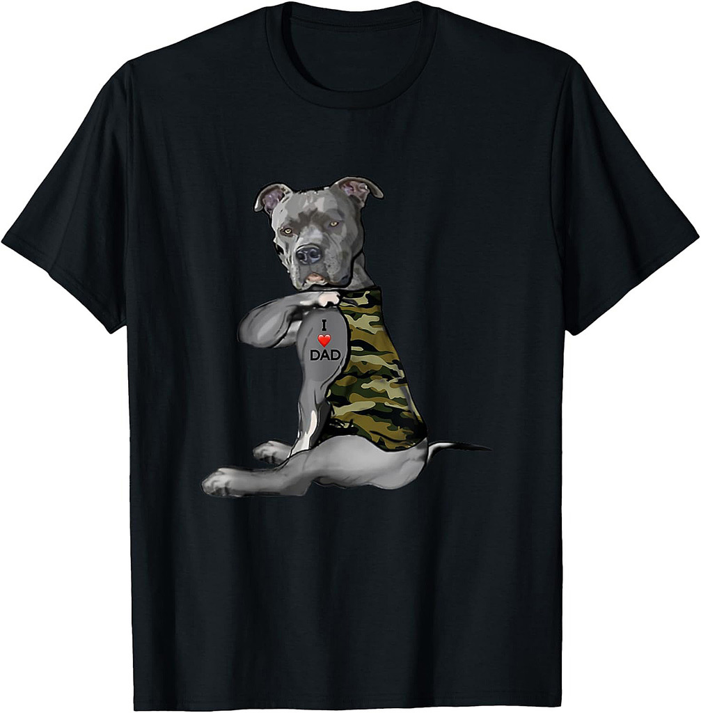 Pitbull I Love Dad Tattoo Funny Pitties Tattooed Fathers Day T-Shirt