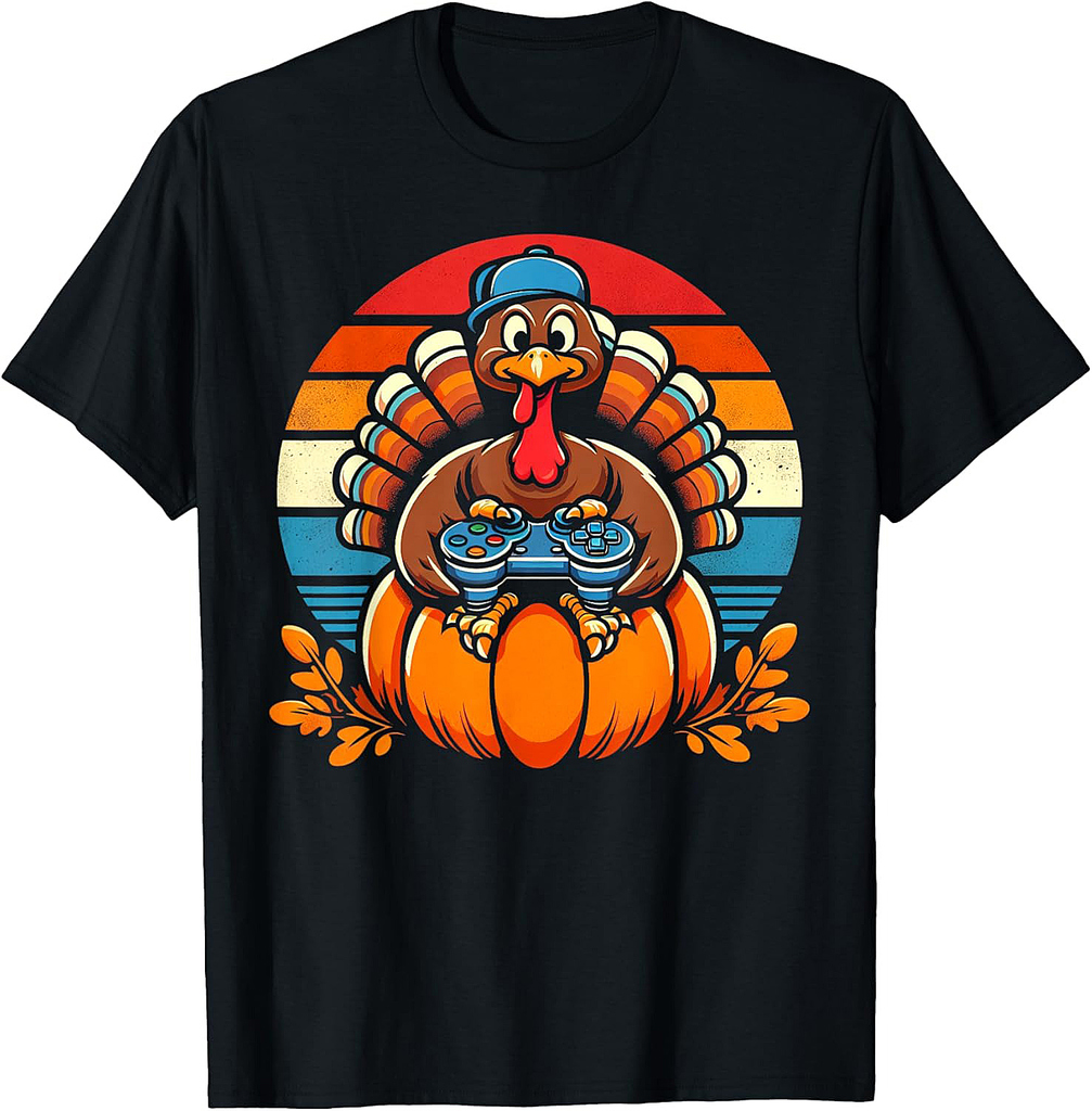Gamer Turkey Pumpkin Retro Boys Thanksgiving Video Games Men T-Shirt