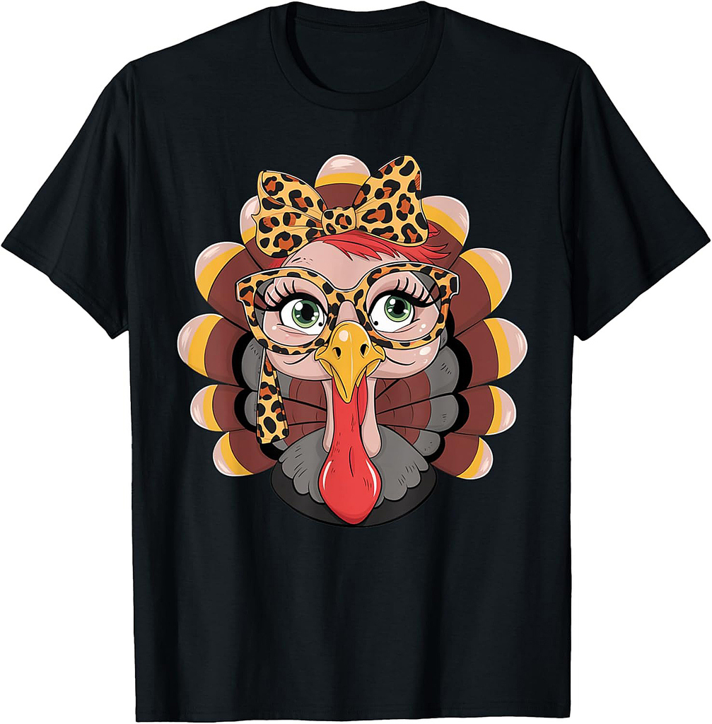 Thanksgiving Turkey Face Leopard Print Glasses Women Girls T-Shirt