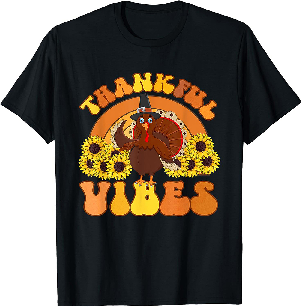 Thankful Vibes Thanksgiving Turkey Family Retro Groovy T-Shirt