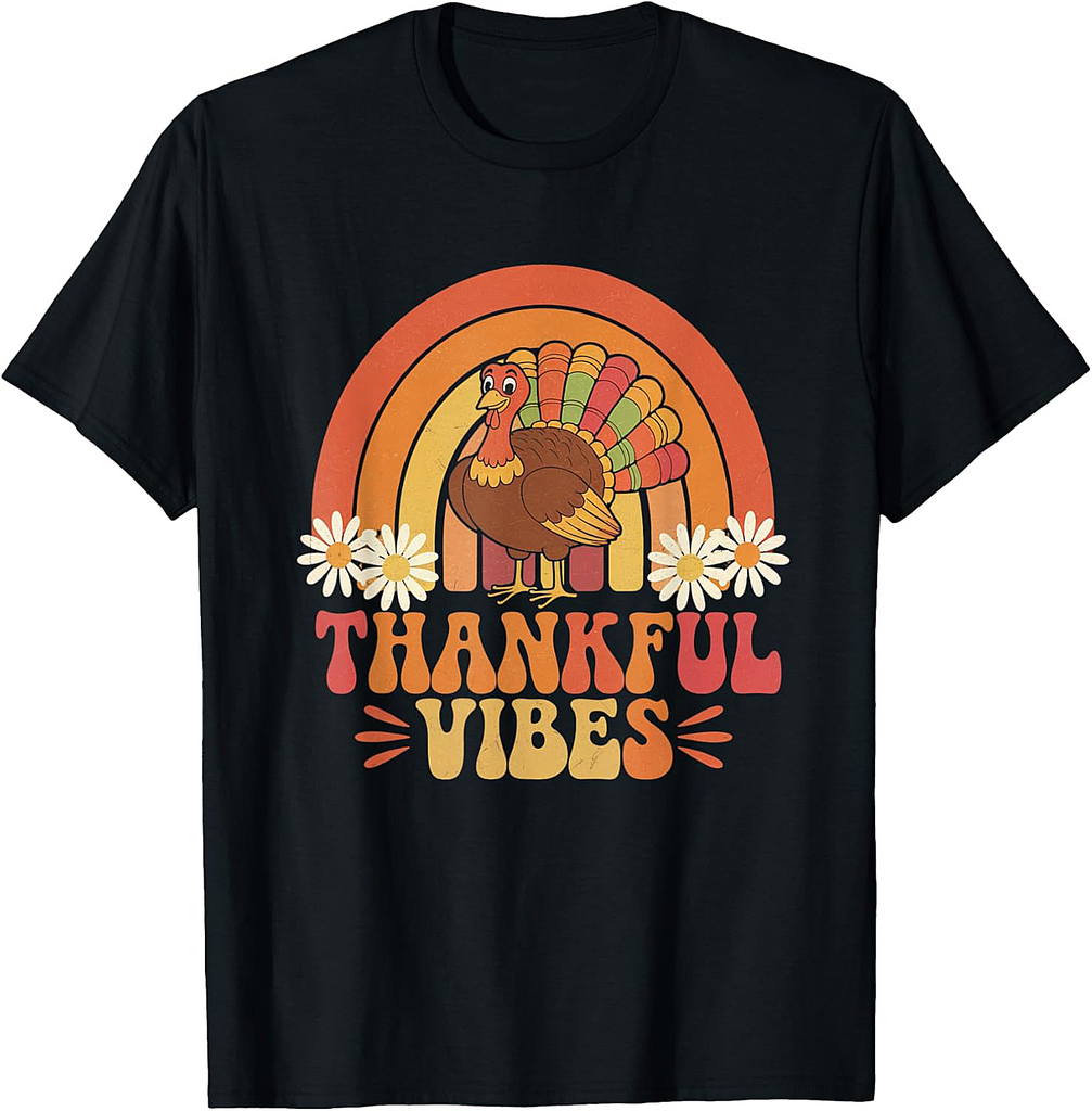 Retro Vintage Thankful Vibes Turkey Rainbow Thanksgiving T-Shirt
