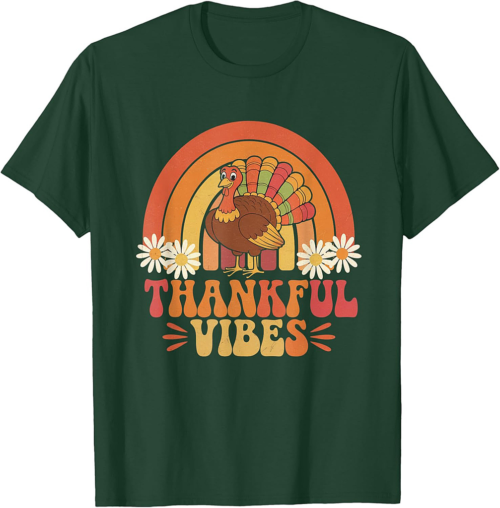Retro Vintage Thankful Vibes Turkey Rainbow Thanksgiving T-Shirt