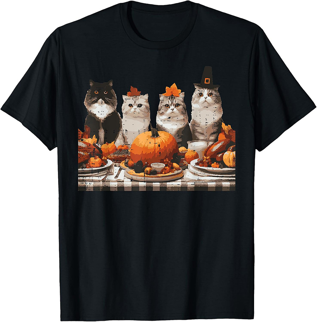 Thanksgiving Cats Dinner Feast Vintage Fall Men Women T-Shirt