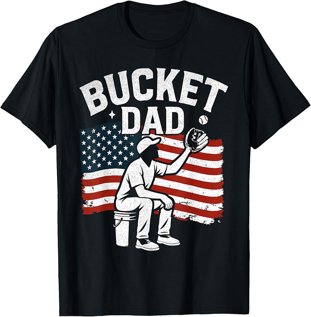 Father's Day Bucket Dad Baseball Coach Vintage American Flag T-Shirt
