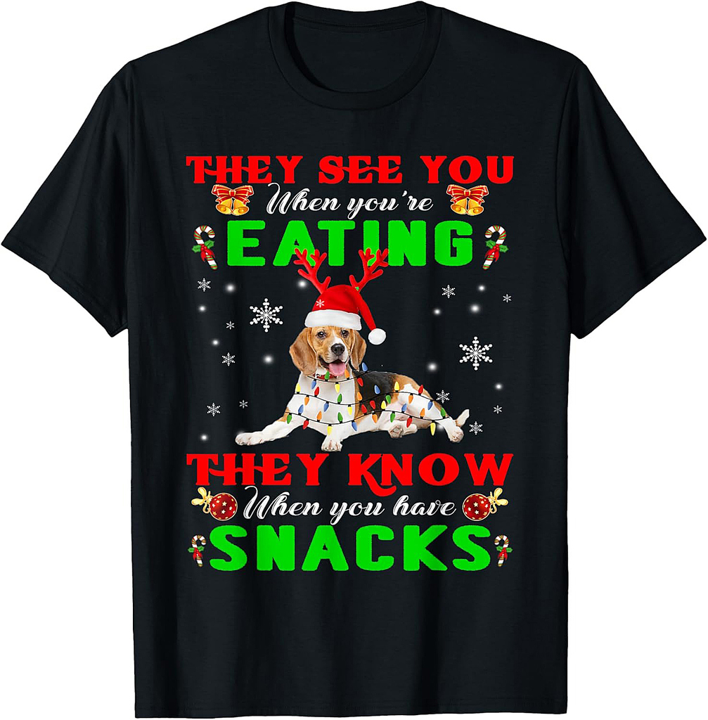 They See You Eating Christmas Reindeer Santa Beagle T-Shirt