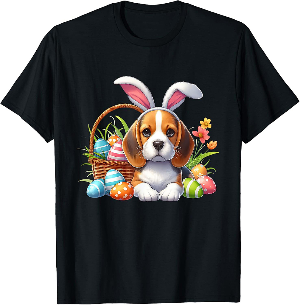 Beagle with Easter Bunny Ears and Colorful Easter Eggs T-Shirt