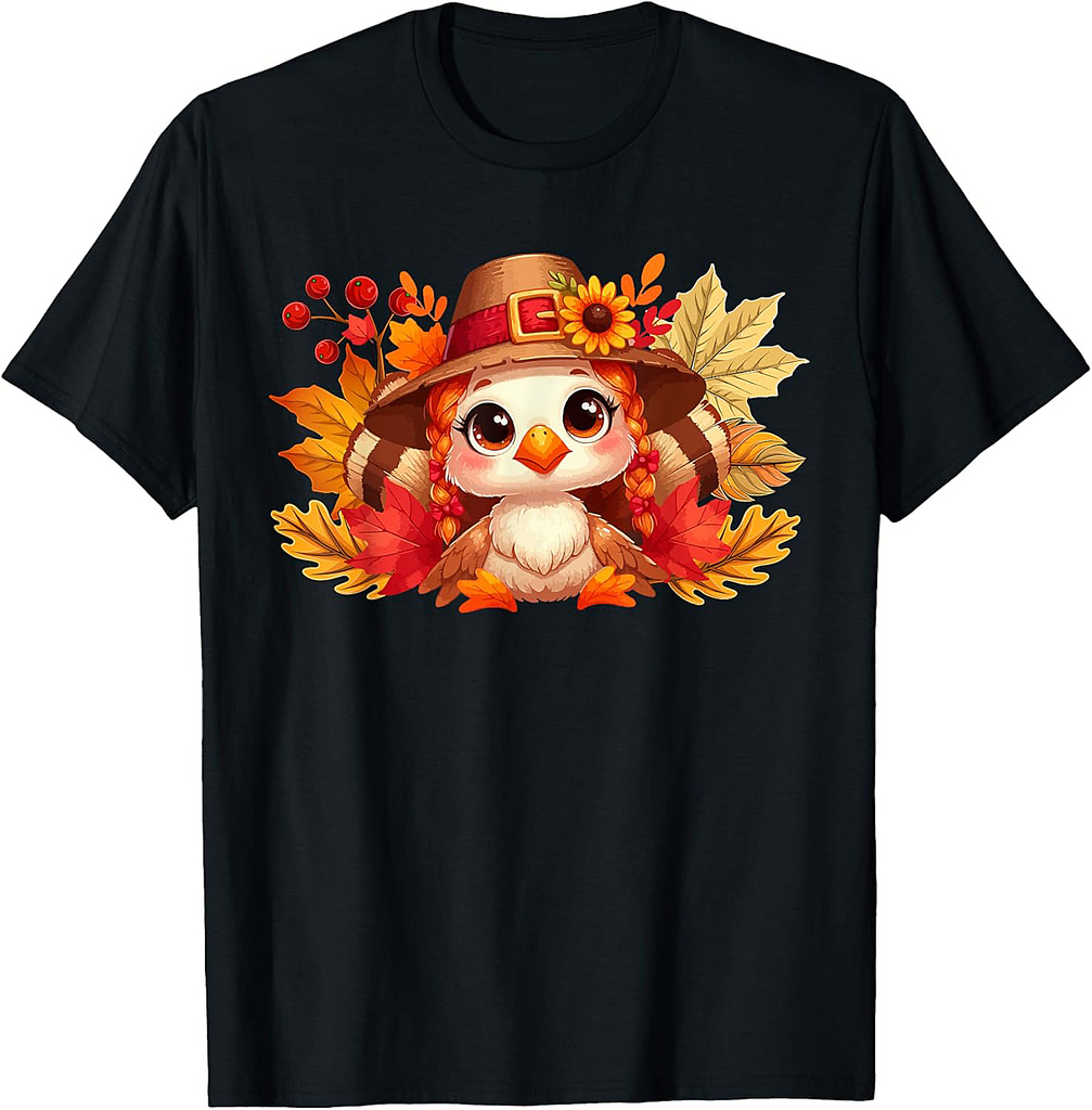 Cute Turkey Costume Girl Thanksgiving Fall Leaves Floral T-Shirt