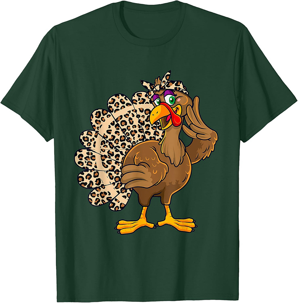 Thanksgiving Turkey Women Girl Leopard Print Autumn Fall T-Shirt