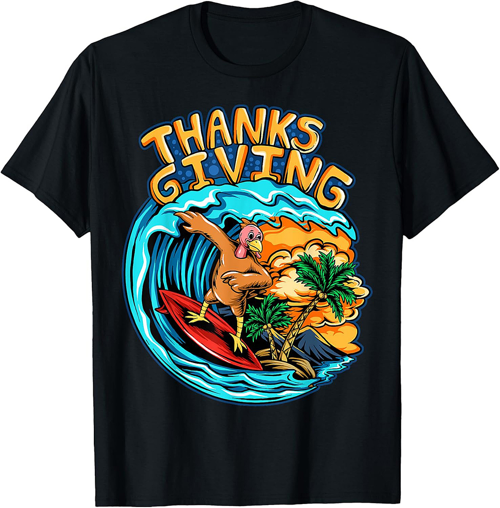 Thanksgiving Turkey Riding Surf Board Ocean Waves T-Shirt