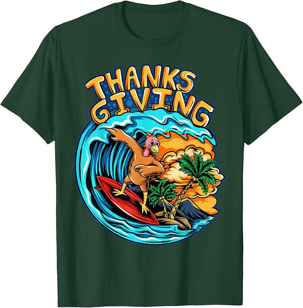 Thanksgiving Turkey Riding Surf Board Ocean Waves T-Shirt