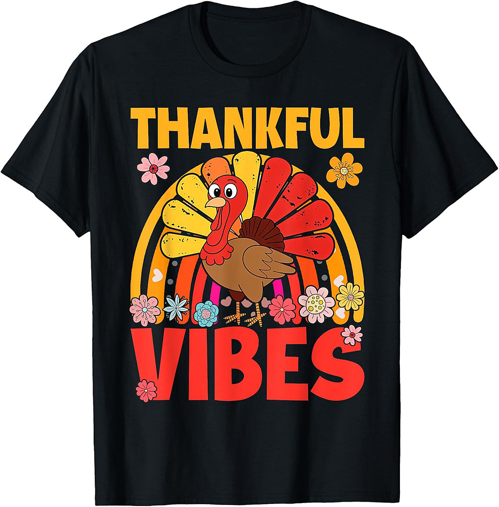 Thankful Vibes Turkey Rainbow Funny Retro Thanksgiving Women 01 T-Shirt