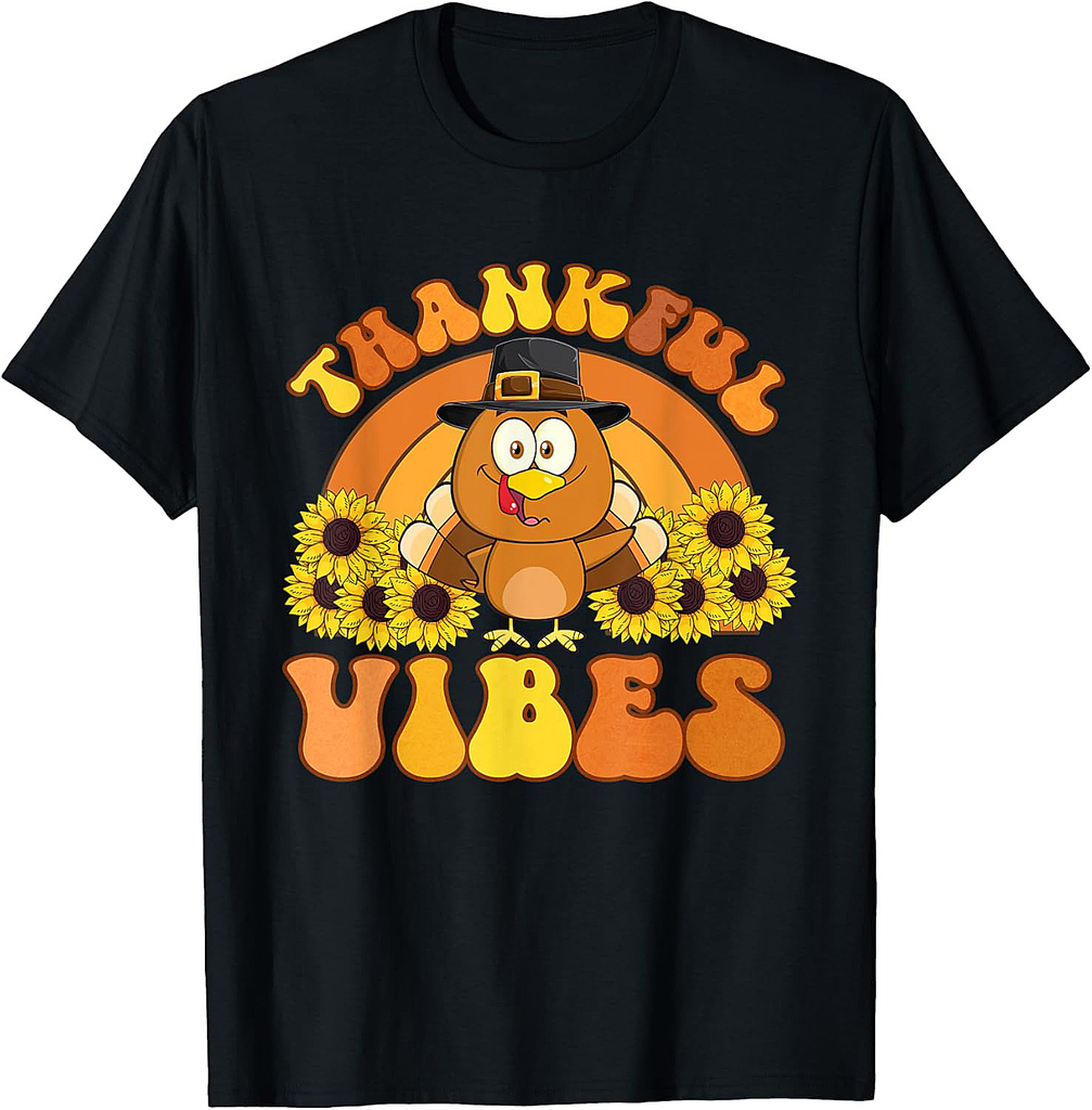 Retro Thankful Vibes Autumn Groovy Thanksgiving Turkey T-Shirt