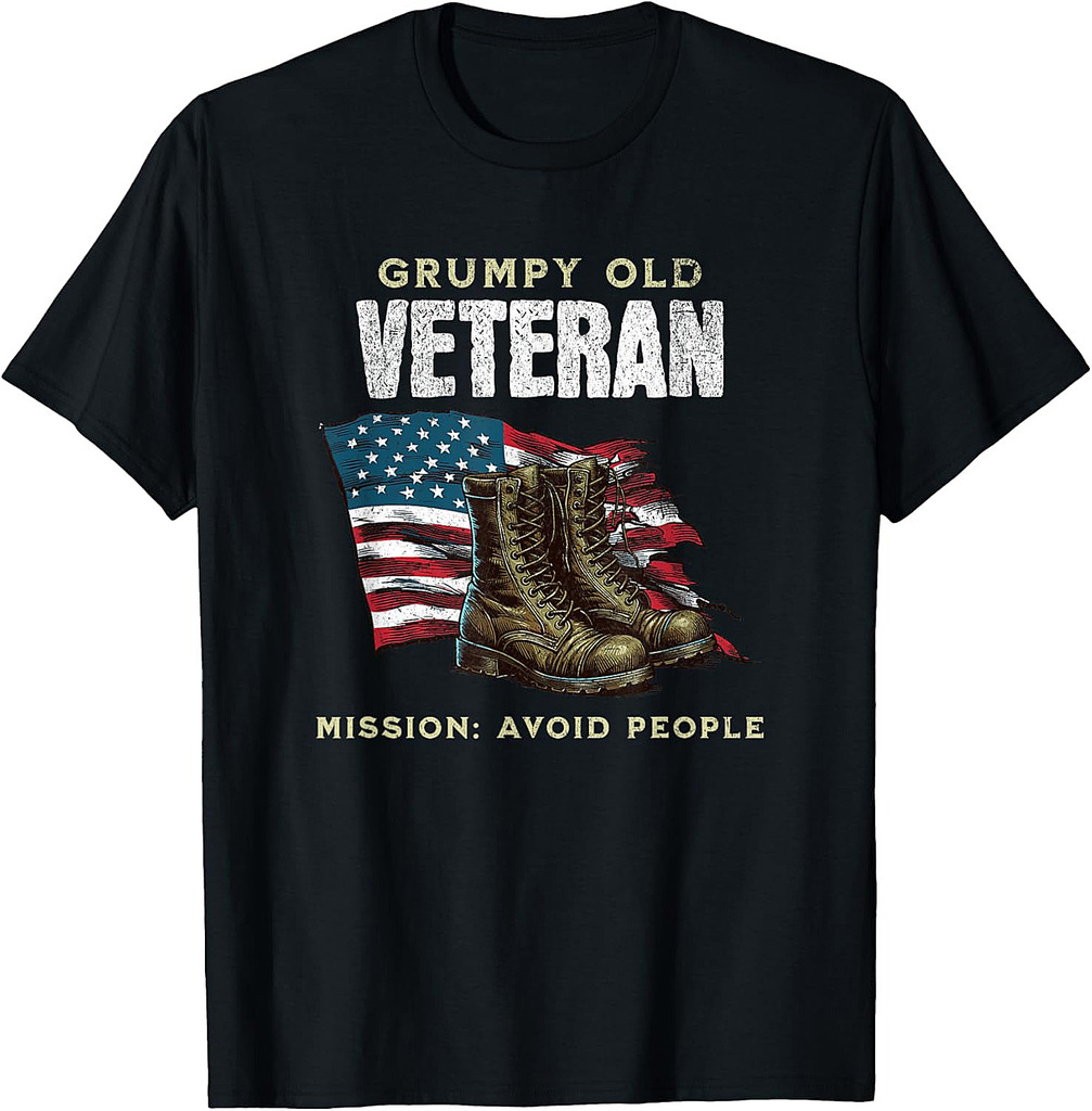 Funny Grumpy Old Vet for Military w/American Flag and Boots T-Shirt