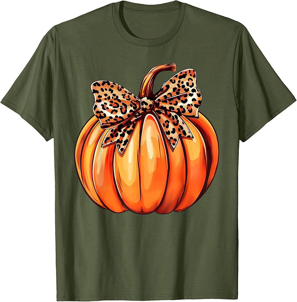 Coquette Bow Leopard Pumpkin Thanksgiving Rustic Fall Women T-Shirt